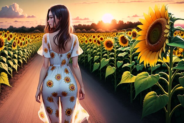 beautiful girl in a sunflower field