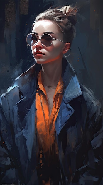 Beautiful girl in sunglasses in the style of severe work with a palette knife orange and indigo precision art created with Generative AI technology