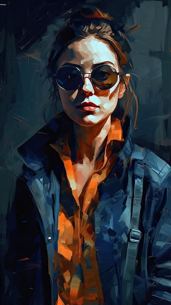 Beautiful girl in sunglasses in the style of severe work with a palette knife orange and indigo precision art created with Generative AI technology