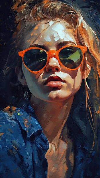 Beautiful girl in sunglasses in the style of severe work with a palette knife orange and indigo precision art created with Generative AI technology