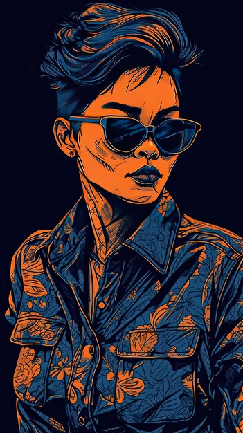 Beautiful girl in sunglasses in the style of severe work with a palette knife orange and indigo precision art created with Generative AI technology