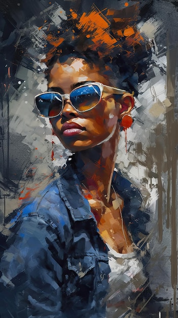 Beautiful girl in sunglasses in the style of severe work with a palette knife orange and indigo precision art created with Generative AI technology