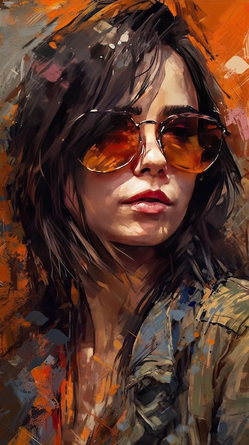 Красивая девушка в солнечных очках в стиле суровой работы с мастихином оранжевого и индиго точного искусства, созданного с помощью технологии генеративного ИИ
