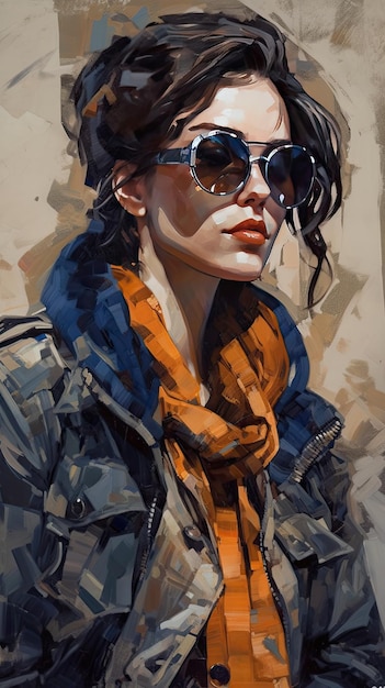 Beautiful girl in sunglasses in the style of severe work with a palette knife orange and indigo precision art created with Generative AI technology