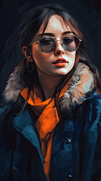 Beautiful girl in sunglasses in the style of severe work with a palette knife orange and indigo precision art created with Generative AI technology