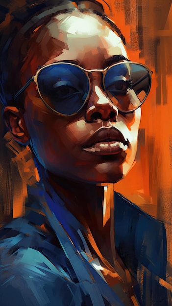 Beautiful girl in sunglasses in the style of severe work with a palette knife orange and indigo precision art created with Generative AI technology