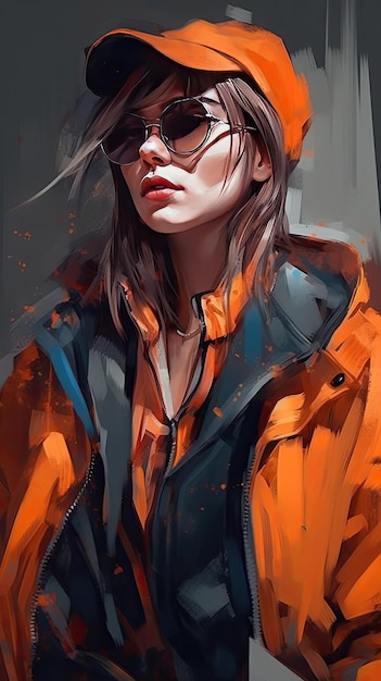 Beautiful girl in sunglasses in the style of severe work with a palette knife orange and indigo precision art created with Generative AI technology