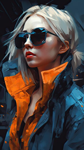 Beautiful girl in sunglasses in the style of severe work with a palette knife orange and indigo precision art created with Generative AI technology