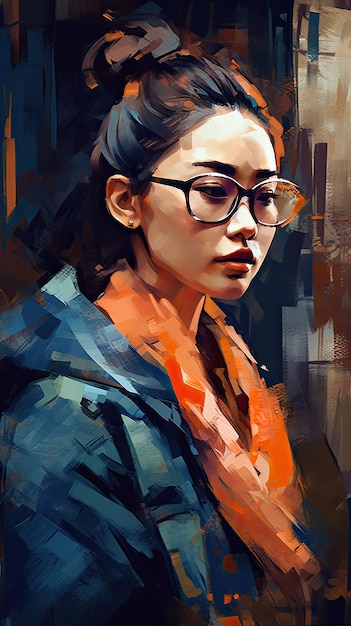 Beautiful girl in sunglasses in the style of severe work with a palette knife orange and indigo precision art created with Generative AI technology