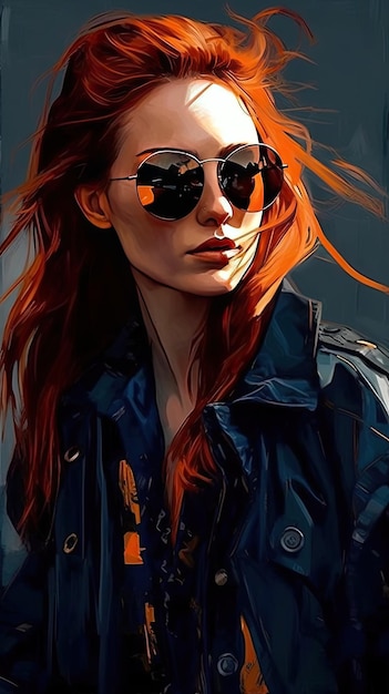 Beautiful girl in sunglasses in the style of severe work with a palette knife orange and indigo precision art created with Generative AI technology