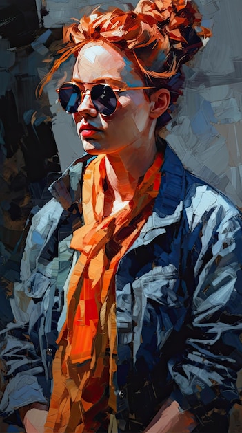 Beautiful girl in sunglasses in the style of severe work with a palette knife orange and indigo precision art created with Generative AI technology