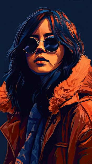 Beautiful girl in sunglasses in the style of severe work with a palette knife orange and indigo precision art created with Generative AI technology