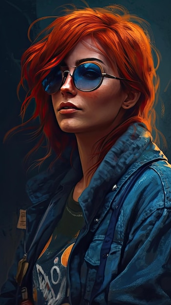 Beautiful girl in sunglasses in the style of severe work with a palette knife orange and indigo precision art created with Generative AI technology