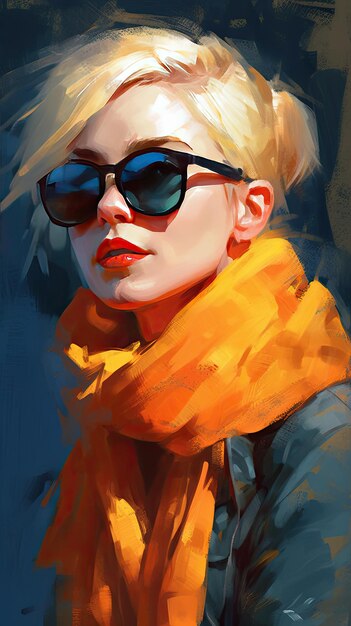 Beautiful girl in sunglasses in the style of severe work with a palette knife orange and indigo precision art created with Generative AI technology