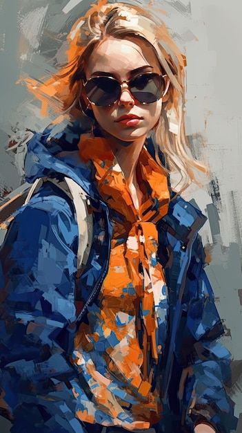 Красивая девушка в солнечных очках в стиле суровой работы с мастихином оранжевого и индиго точного искусства, созданного с помощью технологии генеративного ИИ
