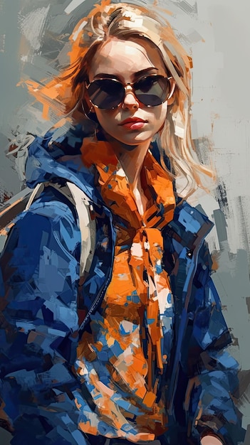 Beautiful girl in sunglasses in the style of severe work with a palette knife orange and indigo precision art created with Generative AI technology