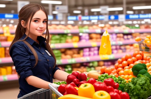野菜や果物を背景にスーパーマーケットの美少女店員 ジェネレーティブ AI