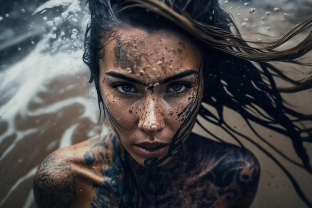 Beautiful girl surfer in the water in motion she is overwhelmed with emotions Extreme sport Go pro wide angle shot