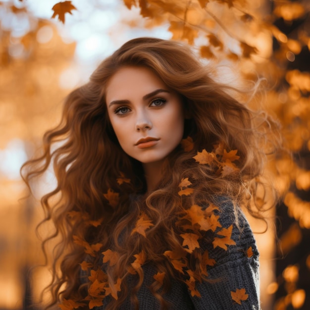 Beautiful girl surrounded by autumn leaves Generative AI