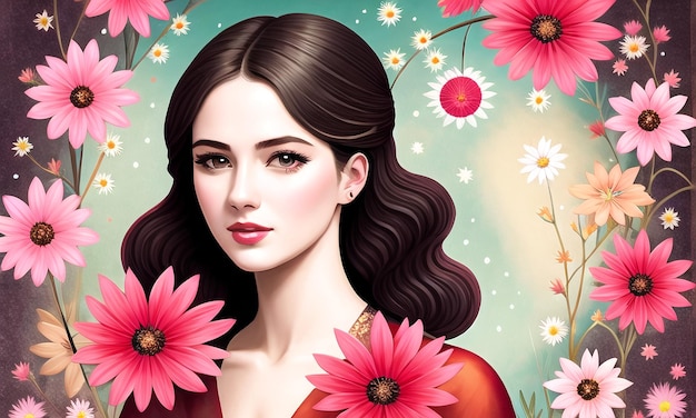 Beautiful Girl surrounded with flowers Generated AI