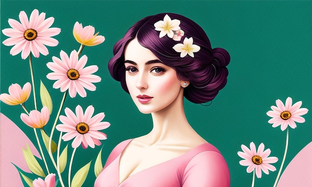 Beautiful Girl surrounded with flowers Generated AI