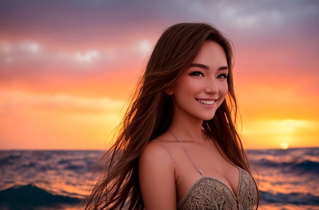 A beautiful girl in a swimsuit poses against the background of the ocean at sunset Generative AI