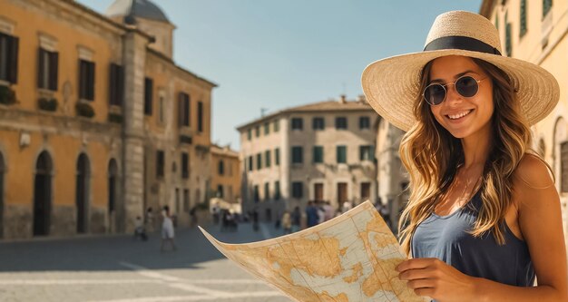 Красивая туристка с картой в руках в городе