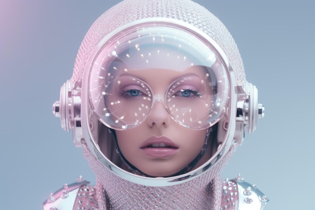 Beautiful girl in a transparent helmet in Sci fi style in delicate colors