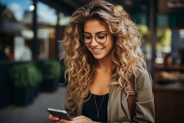 Beautiful girl using mobile on the street