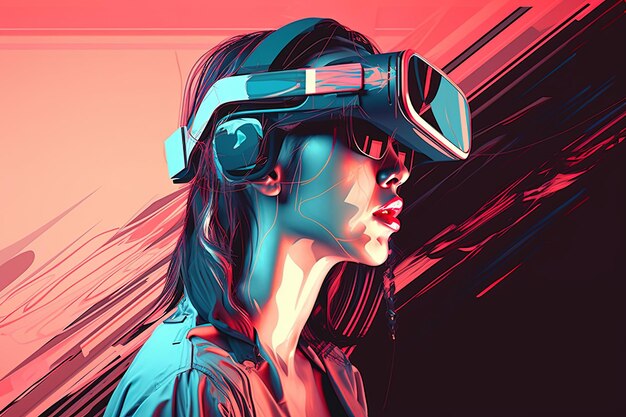 Beautiful girl in virtual reality goggles Future technology concept poster template