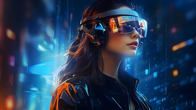 Beautiful girl in virtual reality goggles futuristic background