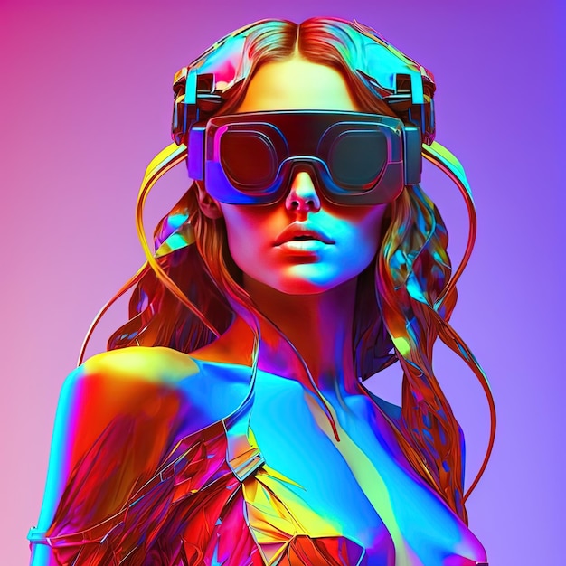 A beautiful girl in VR glasses 3D headset in the cyberspace of the metaverse The concept of virtual augmented immersive reality 3D rendering Generative AI