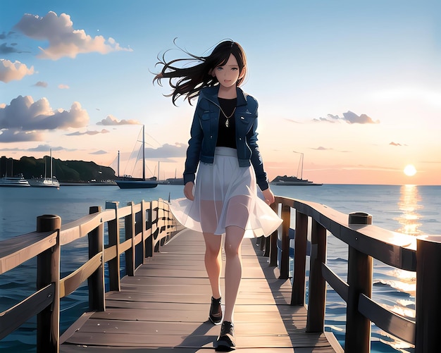 a beautiful girl walking along a harbor boardwalk at sunset Ai generated