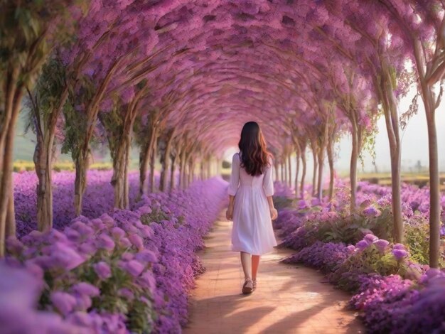 beautiful girl walking at purple flower tunnel in chain rai Thailand