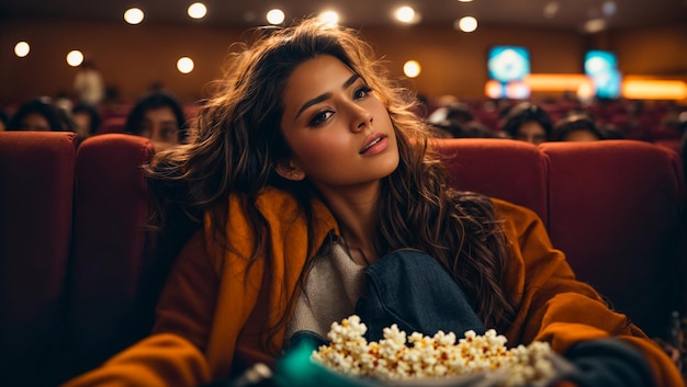 Фото Красивая девушка смотрит фильм в кинотеатре.