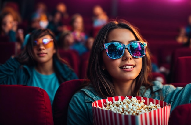 Beautiful girl watching a movie in the cinema