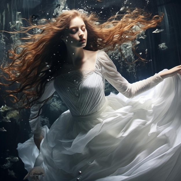 beautiful girl under water in white dress