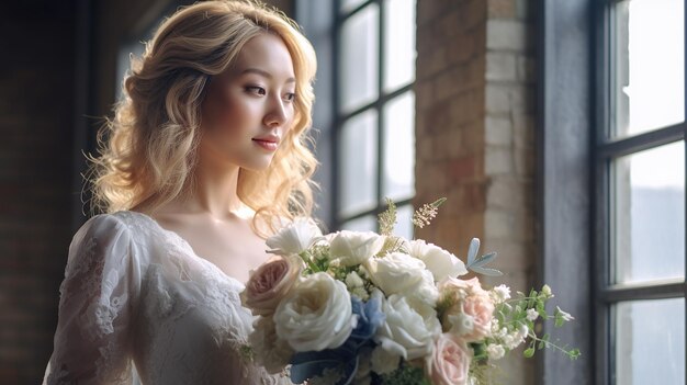 beautiful girl wear white bridal dress and holding flowers and sit on sofa