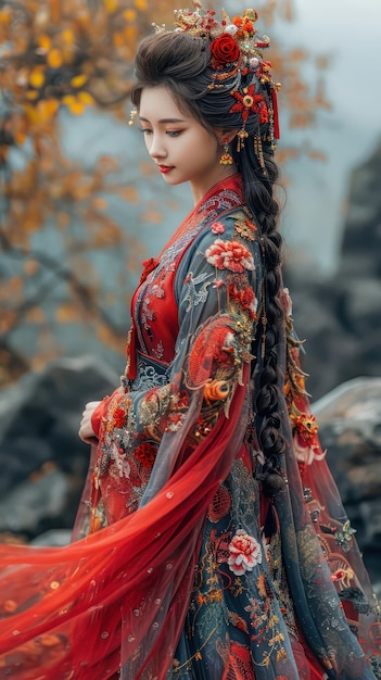고대 Hanfu 드레스를 입고 아름다운 소녀