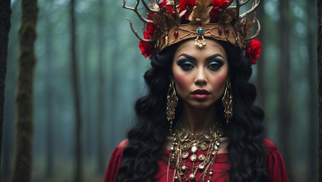 Photo beautiful girl wearing dress with long dark hair and majestic headdress in a gloomy dark forest