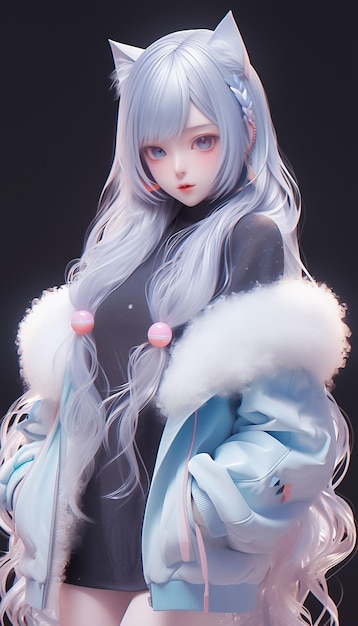 Beautiful girl wearing hoodielong white hair cute anime style school girl concept Ai Generated