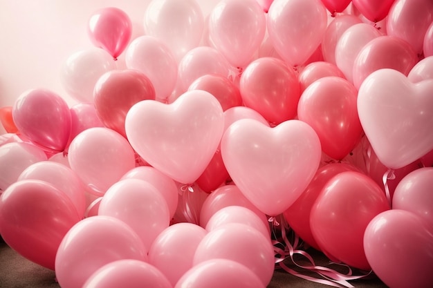 Foto bella ragazza che indossa un vestito rosa a pink heart balloons and love vibes