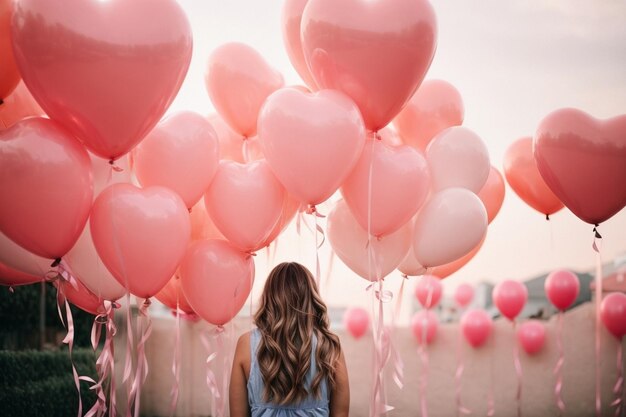 Bella ragazza che indossa un vestito rosa a pink heart balloons and love vibes