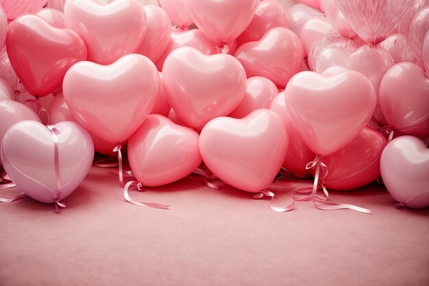 Прекрасная девушка в розовом платье на розовых сердечных воздушных шарах и любовных вибрациях