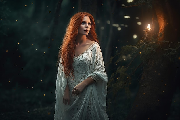 Beautiful Girl Wearing White Dress in the Woods at Night with the Light Fireflies Mesmerizing Aura