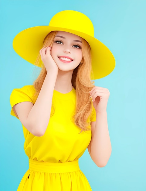 A beautiful girl wearing a yellow dress on a light blue color background