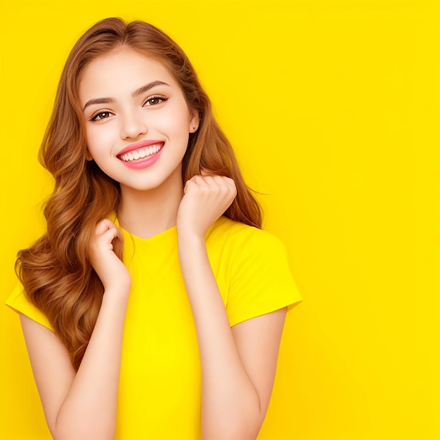 A beautiful girl wearing a yellow dress on a yellow background