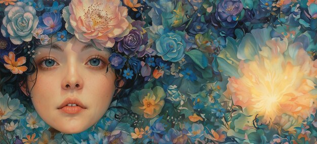 Foto bella ragazza in fiori stravaganti con spazio di copia ragazze di fantasia creativa