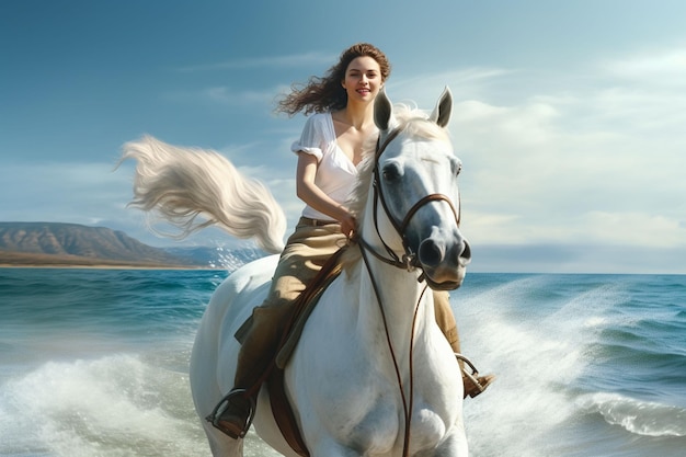 Photo beautiful girl in a white dress riding a horse on the beach ai generated