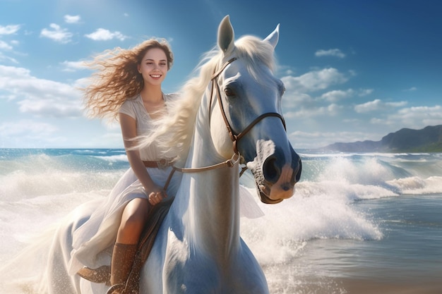 Photo beautiful girl in a white dress riding a horse on the beach ai generated